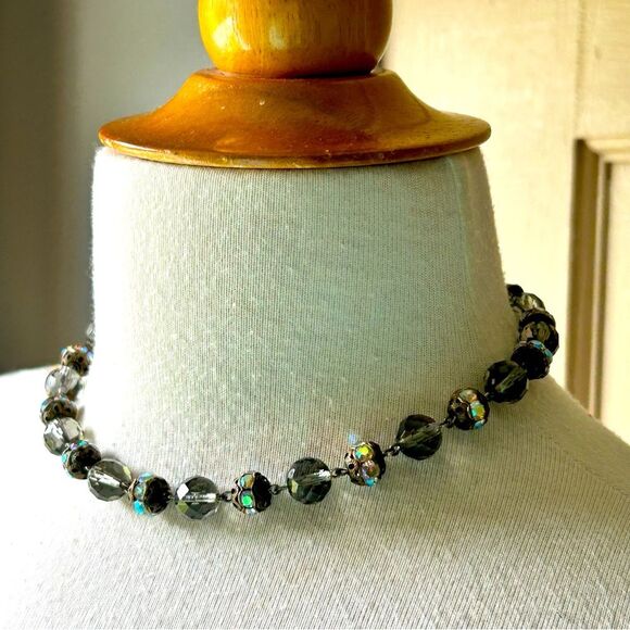 Vintage Smoky Quartz Faceted Glass Rhinestone Choker Necklace - Picture 3 of 5